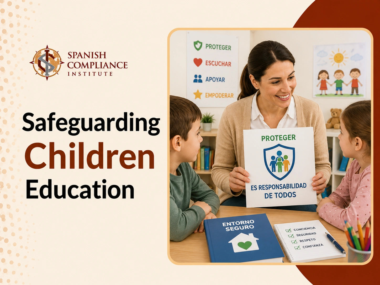Safeguarding Children Education course cover featuring an educator teaching two children about protection, support, and safe environments.