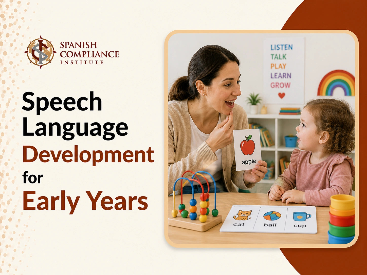 Speech Language Development for Early Years course cover featuring an educator using picture cards to support a young child’s language learning.
